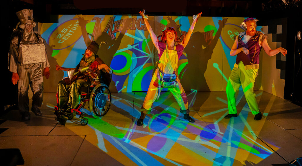 colorful animal/human hybrid characters set against a mid-century style projection background
