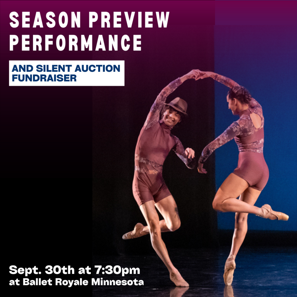 Two dancers in purple biketards with flowered sleeves are dancing together. 
