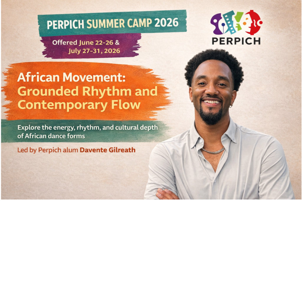 A promotional graphic for dance camp with the instructor's photo