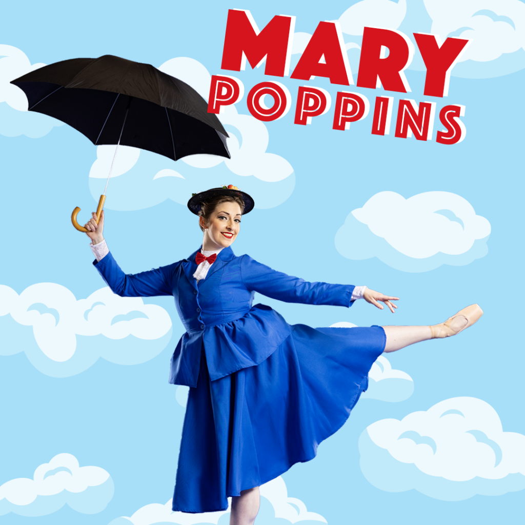 Dancer dressed as Mary Poppins with umbrella in the clouds
