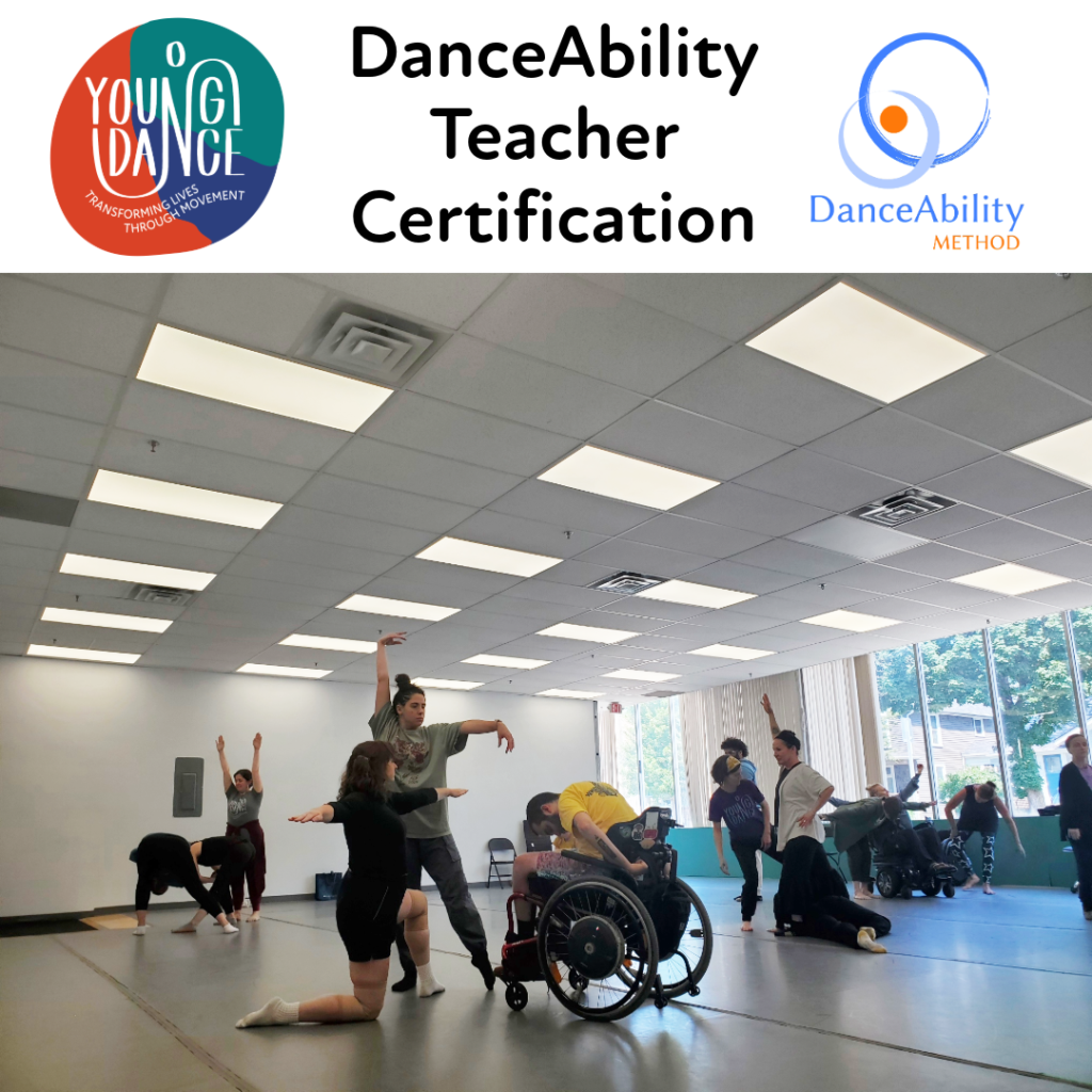  Dancers of all abilities posing in the studio with text “DanceAbility Teacher Certification”.