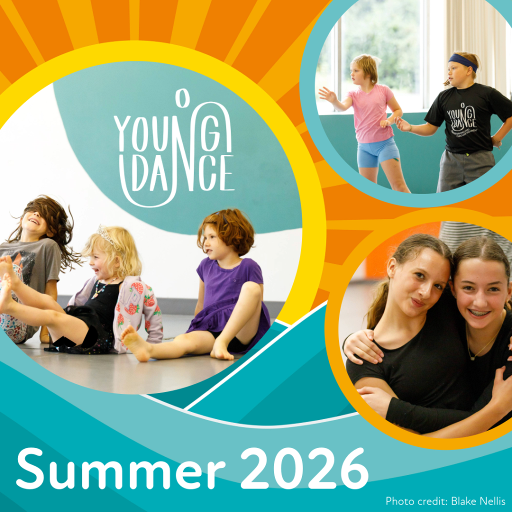 Dancers of all ages smiling and dancing in the studio with text “Summer 2026”.